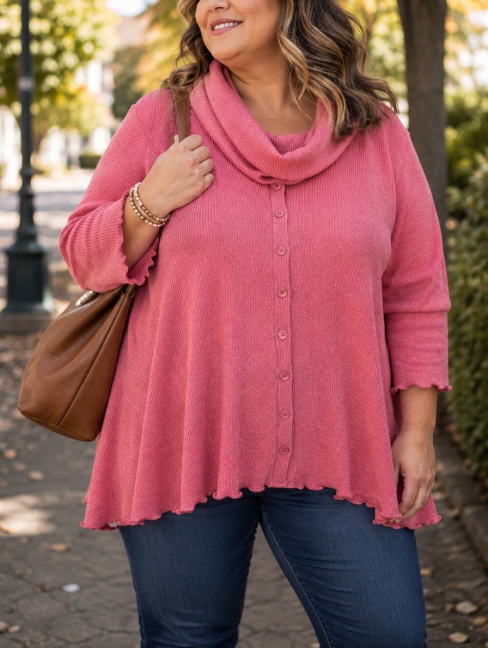 NWT Pure Essence Plus Size Pink Ribbed Cowl Neck Button Front Cardigan Sweater